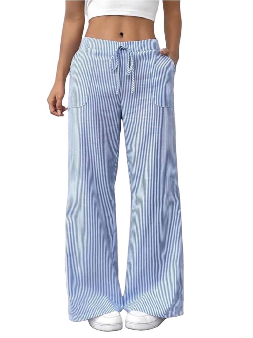 Women's Wide-Leg Drawstring Pants - Light Blue Stripe